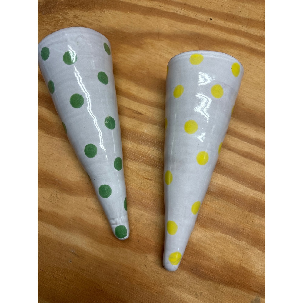 Anthropologie Polka Dot Ceramic Wall Pocket cone Vase Set 2 Green Yellow White